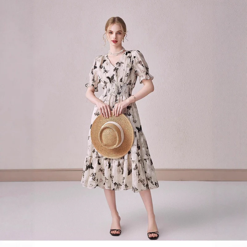 V-neck Puffed-sleeve Floral-print Midi Dress 1 V-neck Puffed-sleeve Floral-print Midi Dress