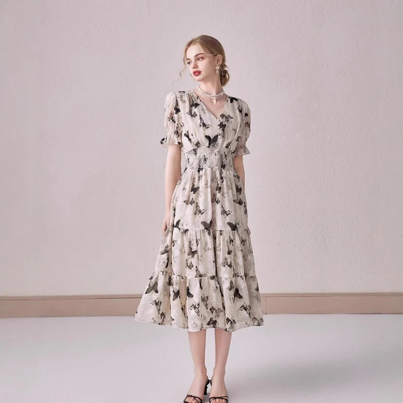 V-neck Puffed-sleeve Floral-print Midi Dress 2 V-neck Puffed-sleeve Floral-print Midi Dress - Image 2
