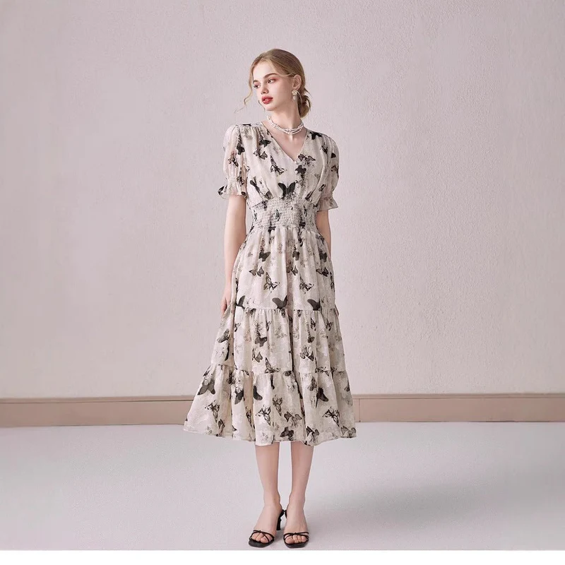 V-neck Puffed-sleeve Floral-print Midi Dress 5 V-neck Puffed-sleeve Floral-print Midi Dress - Image 5