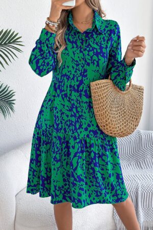 Women's Casual Loose-Fit Color-Blocked Leopard Print Long Sleeve Shirt Dress
