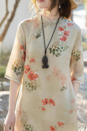 Women's Cotton And Linen Improved Qipao Dress With Stand Collar