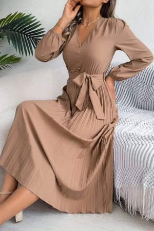 Women's Elegant V-Neck Button Tie-Waist Flared Pleated Maxi Dress
